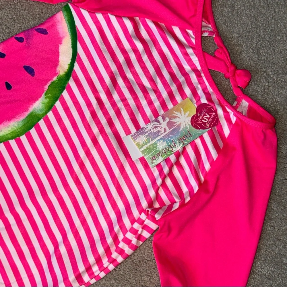 Girls 14/16 Pink Platinum Hot Pink Striped 1 Pc Swimsuit Rash Guard - NWT